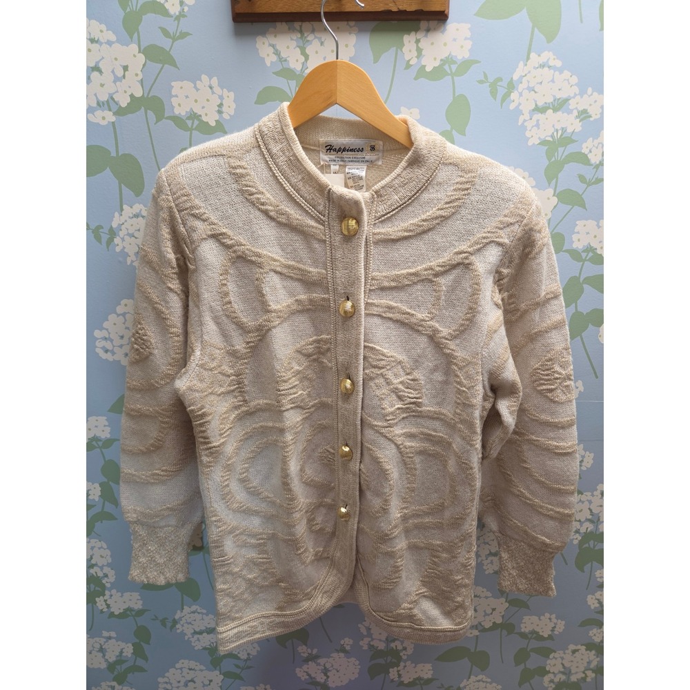 Happiness Italy Wool Gold Metallic Swirl Cardigan Sweater Cream Medium 180